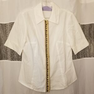 Vera Wang Short Sleeved Cotton Shirt with Bead Embellishment, Ivory, 10, NWOT